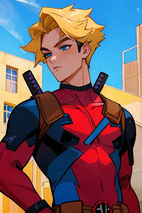 masterpiece, best quality, 1boy wearing deadpool costume, unmasked, blonde hair, blue eyes, upper body, city, blue sky <lora:Deadpool Costume_v1:1>