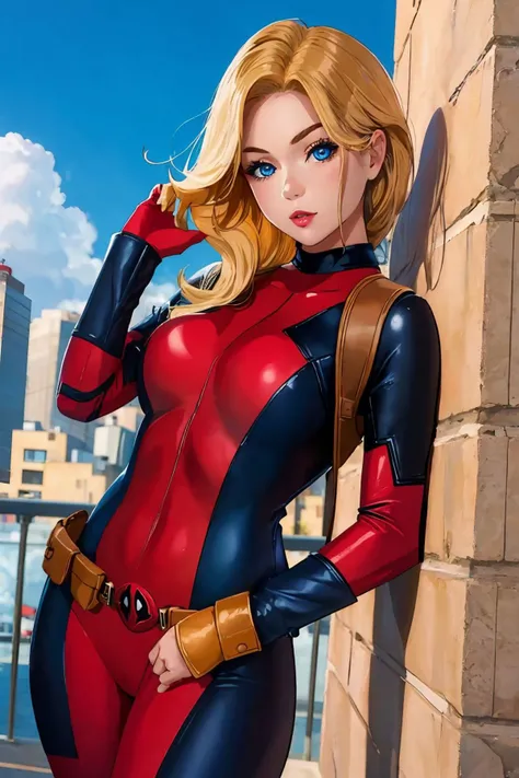 masterpiece, best quality, 1girl wearing deadpool costume, unmasked, blonde hair, blue eyes, upper body, city, blue sky <lora:Deadpool Costume_v1:1>