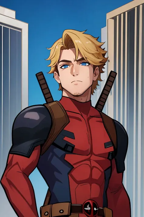 masterpiece, best quality, 1boy wearing deadpool costume, unmasked, blonde hair, blue eyes, upper body, city, blue sky <lora:Deadpool Costume_v1:1>