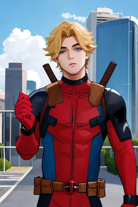 masterpiece, best quality, 1boy wearing deadpool costume, unmasked, blonde hair, blue eyes, upper body, city, blue sky <lora:Deadpool Costume_v1:1>