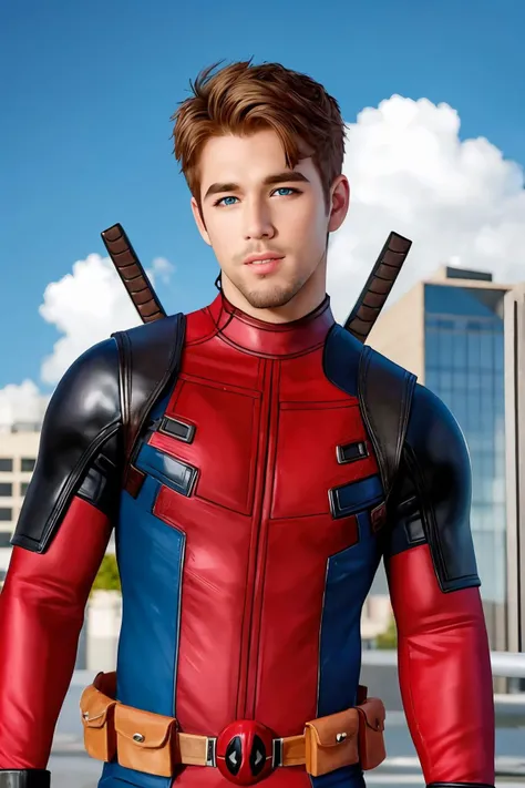 masterpiece, best quality, 1boy wearing deadpool costume, unmasked, blonde hair, blue eyes, upper body, city, blue sky <lora:Deadpool Costume_v1:1>