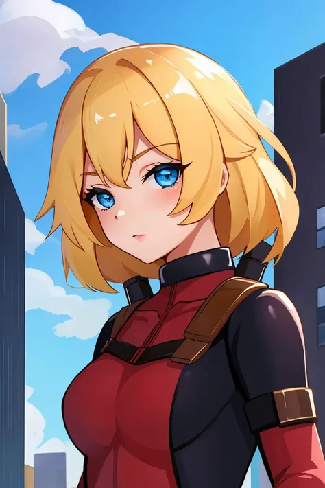 masterpiece, best quality, 1girl wearing deadpool costume, unmasked, blonde hair, blue eyes, upper body, city, blue sky <lora:Deadpool Costume_v1:1>