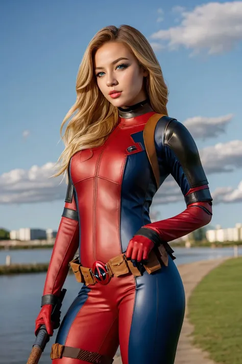 masterpiece, best quality, 1girl wearing deadpool costume, unmasked, blonde hair, blue eyes, upper body, city, blue sky <lora:Deadpool Costume_v1:1>