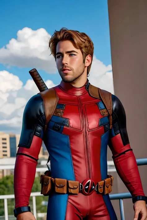 masterpiece, best quality, 1boy wearing deadpool costume, unmasked, blonde hair, blue eyes, upper body, city, blue sky <lora:Deadpool Costume_v1:1>