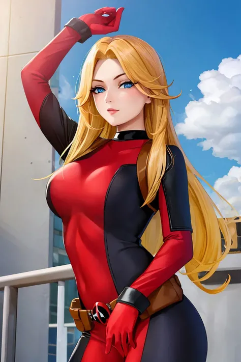 masterpiece, best quality, 1girl wearing deadpool costume, unmasked, blonde hair, blue eyes, upper body, city, blue sky <lora:Deadpool Costume_v1:1>