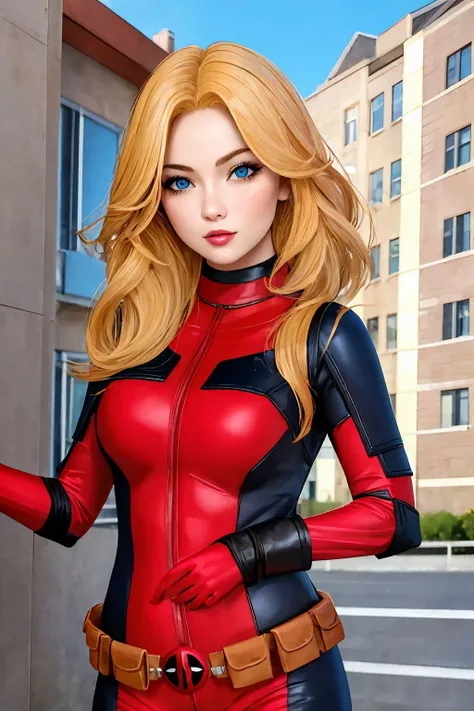 masterpiece, best quality, 1girl wearing deadpool costume, unmasked, blonde hair, blue eyes, upper body, city, blue sky <lora:Deadpool Costume_v1:1>