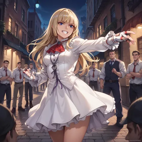 score_9, score_8_up, score_7_up, best quality, masterpiece, source_anime, zPDXL2, BREAK
1girl,   <lora:liliv1:1>lili,  blonde hair, blue eyes, liliclassic, fingerless gloves, white dress, long sleeves, city, grin, 
fight stance,  cowboy shot
5boys, faceless male, ,   surrounded,  dirty narrow alleyway , dark ,night, , dim lighting <lora:Pony_DetailV2.0:1>