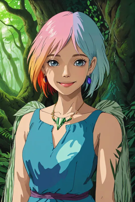 by shimimaru, vibrant girl with multicolored gradient hair, upper body, expressive eyes, gentle smile, chiffon tribal dress, vintage jewelry, fantastical landscape, forest glade, dappled sunlight, lush foliage, tranquility, Studio Ghibli, detailed backgrounds, soft pastel colors, film grain <lora:GhibliStyle:0.9> <lora:shimimaru:0.6>