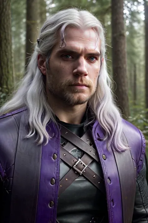 a portrait of Henry Cavill as Geralt of Rivia, witcher, (long white hair), epic realism, cinematic lighting, Canon 5D Mark II, 8k, ultra realistic, (purple leather:1.4), (black belt:1.3), (intricate embossing:1.2) forest background, <lyco:locon_henry_v1_from_v1_64_32:1>