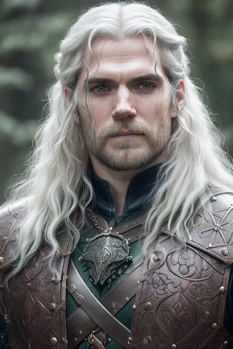 a portrait of Henry Cavill as Geralt of Rivia, witcher, (long white hair:1.3), epic realism, cinematic lighting, Canon 5D Mark II, 8k, ultra realistic, (green leather:1.3), (intricate carving:1.4), (arabesque:1.4), (bronze armor:1.3), metal buttons, rivets, skulls, <lyco:locon_henry_v1_from_v1_64_32:1>