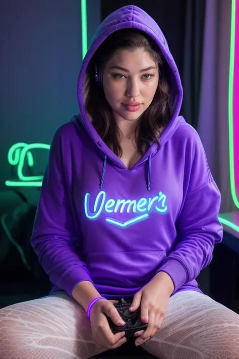 DEN_alyx_starrMK2,
(sitting at a computer wearing headphones and playing games (holding a controller:1.2) wearing a (hoodie:1.2) in a (neon lit room:1.3), (gamer:1.2), gaming, (gamer girl:1.3), games, (purple lighting, neon:1.2):1.2),
bokeh, f1.4, 40mm, photorealistic, raw, 8k, textured skin, skin pores, intricate details <lora:epi_noiseoffset2:1>, epiCRealism <lora:ClothingAdjuster3:-1>