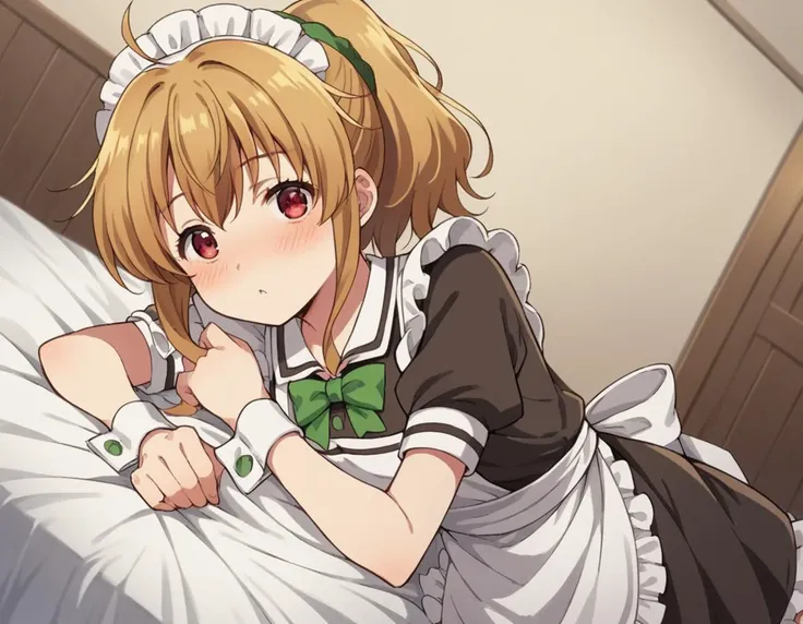 score_9, score_8_up, score_7_up, source_anime,
nanakokogure, <lora:nanako-kogure-s1-ponyxl-lora-nochekaiser:1>,
nanako kogure, long hair, brown hair, red eyes, ponytail, ahoge, scrunchie, green scrunchie,
thighhighs, short sleeves, apron, white thighhighs, wrist cuffs, maid, maid headdress, maid apron, bow, green bow,
indoors, bed, bed room, on side, blush, drunk,
looking at viewer, cowboy shot, solo, dutch angle,