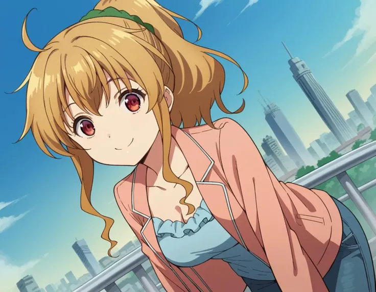 score_9, score_8_up, score_7_up, source_anime,
nanakokogure, <lora:nanako-kogure-s1-ponyxl-lora-nochekaiser:1>,
nanako kogure, long hair, brown hair, red eyes, ponytail, ahoge, scrunchie, green scrunchie,
cleavage, jacket, pink jacket, frills, shirt, blue shirt, pants, denim, frilled shirt,
outdoors, cityscape, bent over, smile,
looking at viewer, cowboy shot, solo, dutch angle,