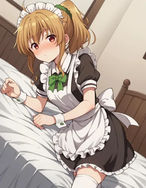 score_9, score_8_up, score_7_up, source_anime,
nanakokogure, <lora:nanako-kogure-s1-ponyxl-lora-nochekaiser:1>,
nanako kogure, long hair, brown hair, red eyes, ponytail, ahoge, scrunchie, green scrunchie,
thighhighs, short sleeves, apron, white thighhighs, wrist cuffs, maid, maid headdress, maid apron, bow, green bow,
indoors, bed, bed room, on side, blush, drunk,
looking at viewer, cowboy shot, solo, dutch angle,