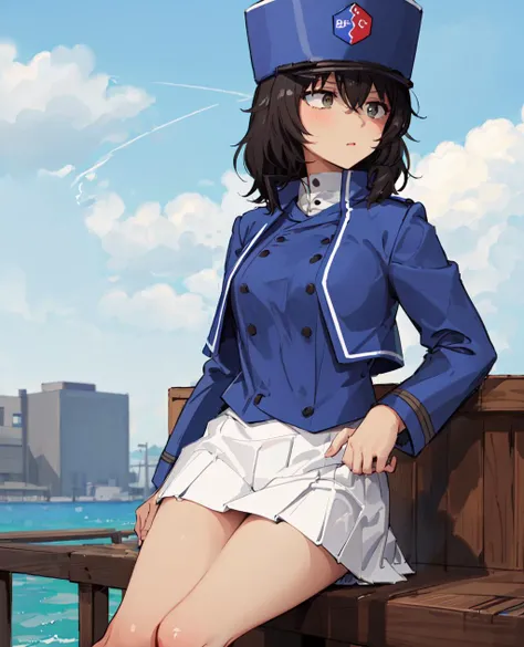 <lora:andou-10:1> 1Girl , Solo , black hair , dark skin , brown eyes , blue cap , blue jacket , white skirt , ((bc freedom military uniform)) ,