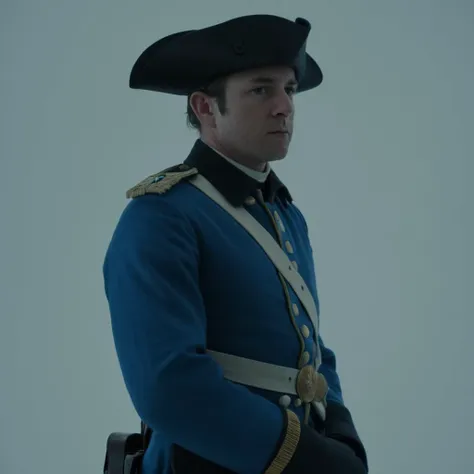 cinematic film still of <lora:American Revolutionary War style:1>
American soldier Continental Army a man in a blue military outfit standing on a white surface,solo,1boy,hat,white background,standing,full body,male focus , American Revolutionary War style, 1812, 1816, shallow depth of field, vignette, highly detailed, high budget, bokeh, cinemascope, moody, epic, gorgeous, film grain, grainy