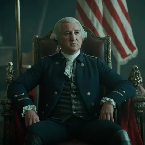 cinematic film still of  <lora:American Revolutionary War style:1>
American Patriot george washington a man sitting on a throne with a flag on it,sitting,weapon,male focus,boots,multiple boys,sword,cape,facial hair,crown,throne , American Revolutionary War style, 1812, 1816, shallow depth of field, vignette, highly detailed, high budget, bokeh, cinemascope, moody, epic, gorgeous, film grain, grainy