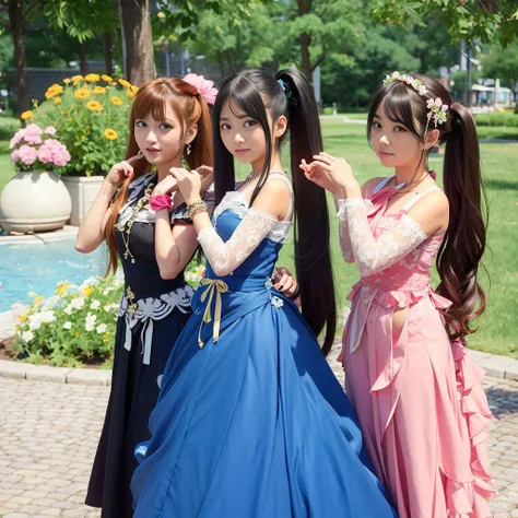 3 girls, colorful lace,,beautiful,long hair, twintail, hair ornament, hair clip, random pose, 25 years old,<lora:GenshinImpact_genshinV10Mondstadt:1> genshin, bokeh