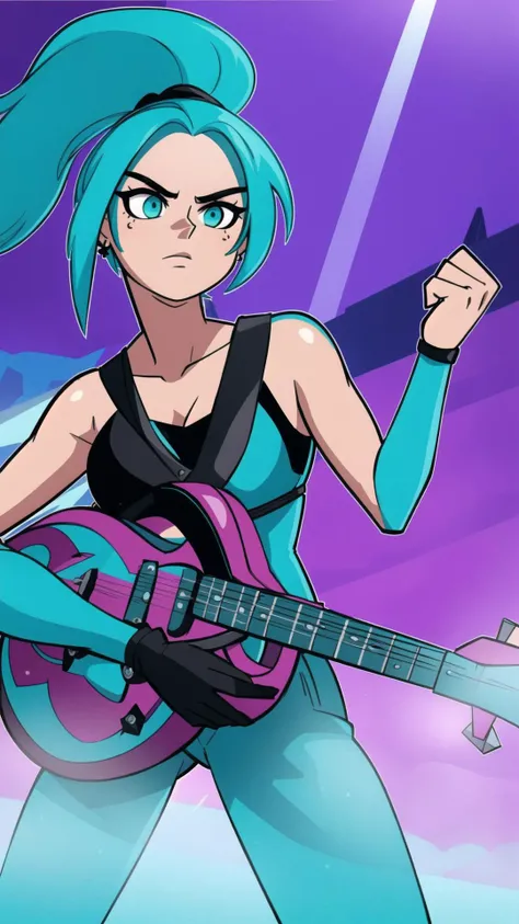 1girl, Ember McLain, Rockstar, aqua skin, rock concert in background, <lora:Ember_McLain_Danny_Phantom:1>, masterpiece, best quality, hyperrealistic, extremely detailed, highly quality, 4k, sharp focus, professional photograph, sharp focus, award winning, cinematic lighting, octane render, unreal engine, volumetrics dtx, Wallpaper,