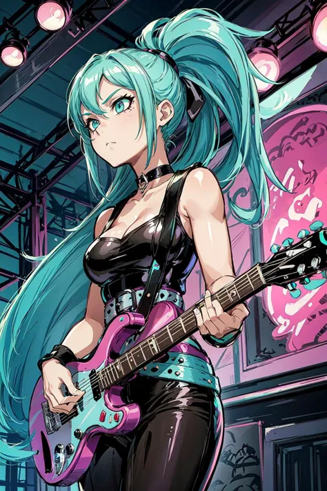thick outlines, comics, photorealistic, perfect hands, masterpiece:1.2, scene, concert, 1girl, solo, Standing, electric guitar, <lora:Ember_McLain_Danny_Phantom_Anime:0.5>, Ember_McLain_Danny_Phantom, pony tail, aqua hair, goth, big belt, medium breast, detailed background, detailed face, detailed eyes, <lora:add_detail:0.7>