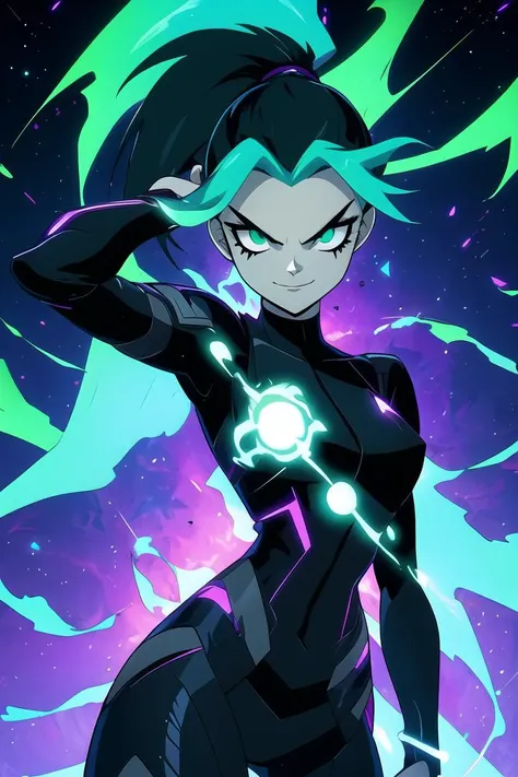 masterpiece, best quality, 1girl, <lora:Ember_McLain_Danny_Phantom:0.6>, Ember_McLain_Danny_Phantom, ponytail, (aqua hair), aqua fire, goth, green eyes, cyber suit, futurist, neon, heroic pose, galaxy background, black eyes, black hair, looking at viewer (dynamic pose), smiling, flying, hand with fire, <lora:r1ge - AnimeRage:0.65>