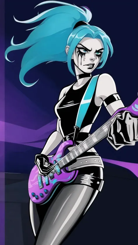 <lora:Ember_McLain_Danny_Phantom_Anime:0.8> Ember McLain Danny Phantom, pony tail, aqua hair, smug, goth, big belt, BREAK, <lora:translucent_skin:0.8> translucent skin, <lora:coloredSkin-08:0.6> aqua skin, (corneo_runny_makeup, goth makeup:1.15), BREAK, (playing instrument, guitar:1.25), BREAK,, masterpiece, best quality, extremely detailed, highly quality, 4k, sharp focus, professional, sharp focus, award winning, cinematic lighting, octane render, unreal engine, volumetrics dtx, Wallpaper,