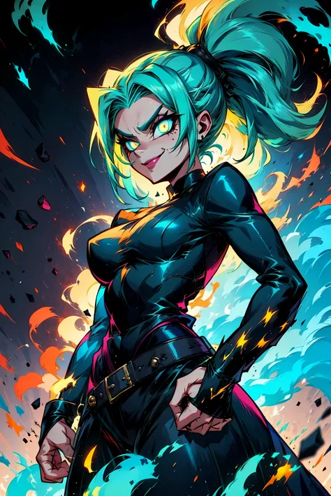 <lora:Ember_McLain_Danny_Phantom:0.8> ember_mclain_danny_phantom, blue fire, smile, green hair, pony tail, aqua hair, goth, big belt, <lora:r1ge - AnimeRage:0.9> r1ge, glowing, flying debris, magic, aura, energy, (cyan theme:1.2), dark art, closeup,
