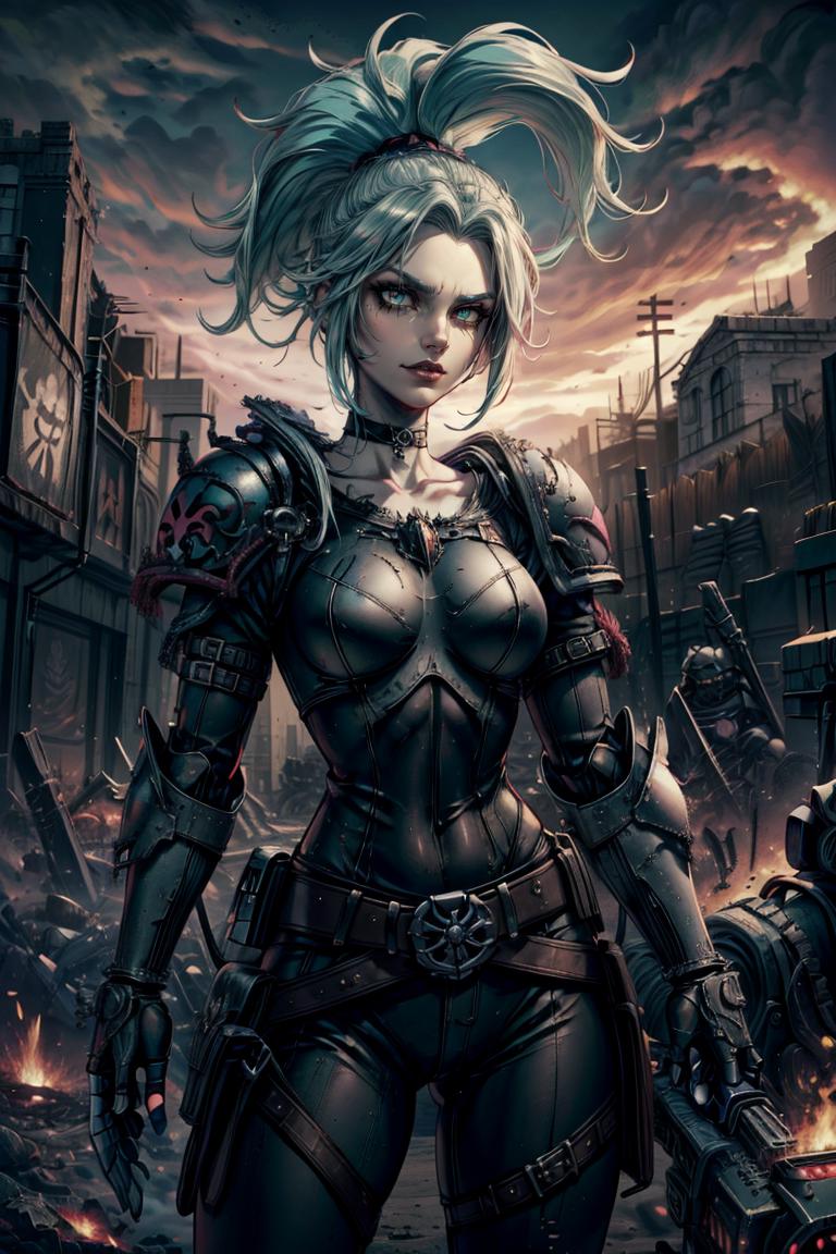 A woman in armor standing in front of a destroyed city - SeaArt AI