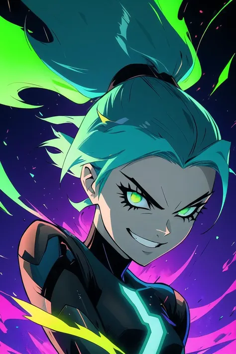 masterpiece, best quality, 1girl, <lora:Ember_McLain_Danny_Phantom:0.7>, Ember_McLain_Danny_Phantom, ponytail, (aqua hair), blue fire, goth, green eyes, cyber suit, futurist, neon, heroic pose, galaxy background, black eyes, black hair, looking at viewer (dynamic pose), smiling, flying, hand with fire, <lora:r1ge - AnimeRage:0.65>