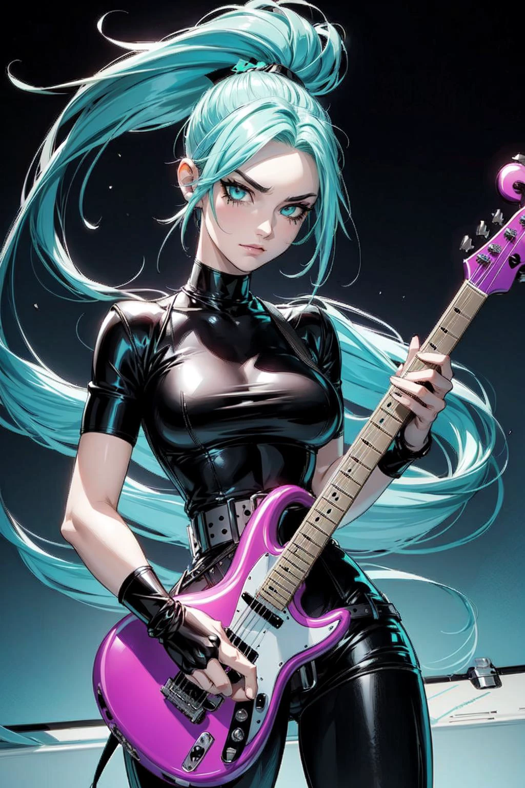 thick outlines, comics, photorealistic, perfect hands, masterpiece:1.2, scene, concert, 1girl, solo, Standing, electric guitar, <lora:Ember_McLain_Danny_Phantom_Anime:0.5>, Ember_McLain_Danny_Phantom, pony tail, aqua hair, goth, big belt, medium breast, detailed background, detailed face, detailed eyes, <lora:add_detail:0.7>