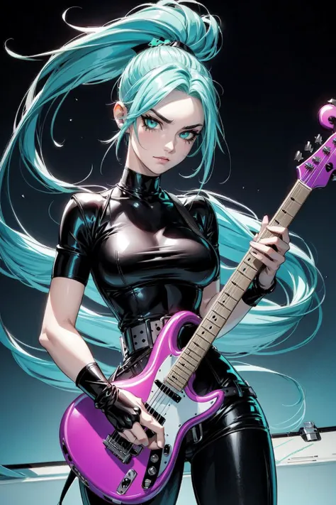 thick outlines, comics, photorealistic, perfect hands, masterpiece:1.2, scene, concert, 1girl, solo, Standing, electric guitar, <lora:Ember_McLain_Danny_Phantom_Anime:0.5>, Ember_McLain_Danny_Phantom, pony tail, aqua hair, goth, big belt, medium breast, detailed background, detailed face, detailed eyes, <lora:add_detail:0.7>