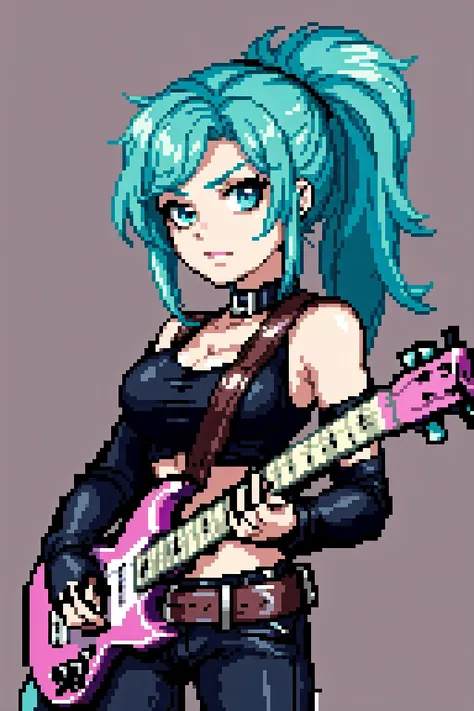 thick outlines, comics, photorealistic, perfect hands, masterpiece:1.2, scene, concert, 1girl, solo, Standing, electric guitar, <lora:Ember_McLain_Danny_Phantom_Anime:0.5>, Ember_McLain_Danny_Phantom, pony tail, aqua hair, goth, big belt, medium breast, detailed background, detailed face, detailed eyes, <lora:add_detail:0.7>