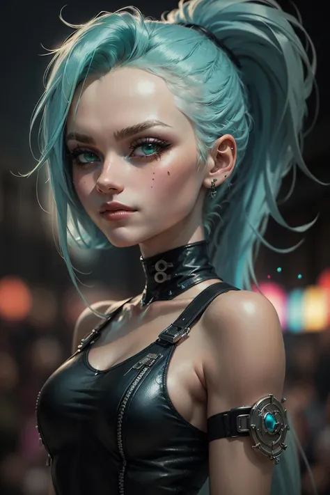 ((masterpiece,best quality)),  
<lora:Ember_McLain_Danny_Phantom_Anime:0.8>, Ember_McLain_Danny_Phantom, pony tail, aqua hair, upper body, extremely detailed face,
smug, goth, 
| blue fire and music notes in background, 
| bokeh, depth of field, cinematic composition,
