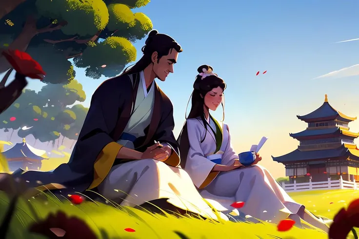 illustration,hand drawn texture,traditional chinese painting,flower,long hair,brunette hair,outdoors,sky,long sleeves,sky,tree,red flower,closed eyes,1 boy,sitting,wide sleeves,chinese clothes,blue sky,architecture,smile,1 girl,hanfu,male focus,robe,bug,east asian architecture,grass,<lora:dongfang_illustration:0.8>,