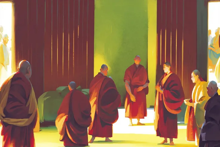 Illustration, Hand Drawn Texture, Traditional Chinese Painting, Multiple Boys, Multiple Girls, Robe, Crowd, 6+ Boys, Long Hair, Monk, Monk, Buddhism<lora:dongfang_illustrationV2:1>