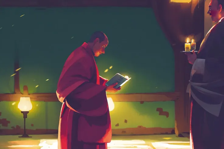 Illustration, Hand Drawn Texture, Traditional Chinese Painting, 1boy, Male Focus, Bird, Hold, Candle, Solo, Standing, Brunette Hair, Book, Robe, Monk, Monk<lora:dongfang_illustrationV2:1>