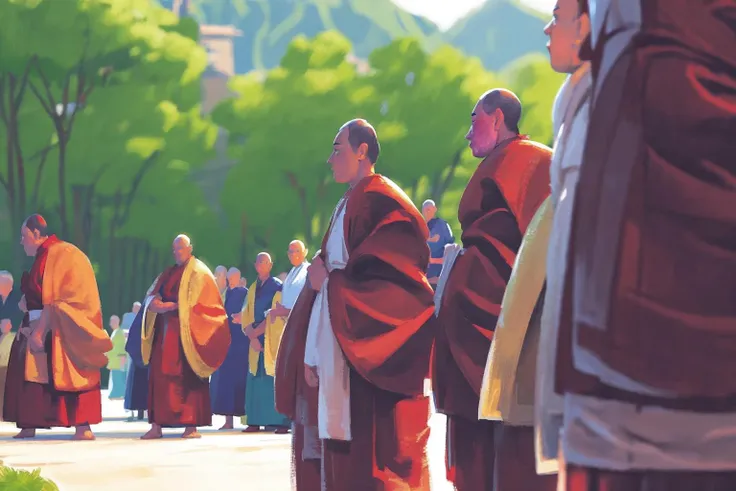 Illustration, Hand Drawn Texture, Traditional Chinese Painting, Multiple Boys, Multiple Girls, Robe, Crowd, 6+ Boys, Long Hair, Monk, Monk, Buddhism<lora:dongfang_illustrationV2:1>