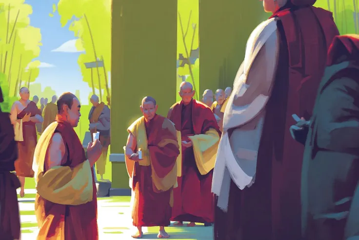 Illustration, Hand Drawn Texture, Traditional Chinese Painting, Multiple Boys, Multiple Girls, Robe, Crowd, 6+ Boys, Long Hair, Monk, Monk, Buddhism<lora:dongfang_illustrationV2:1>