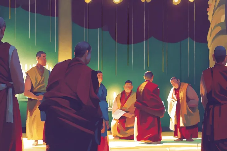 Illustration, Hand Drawn Texture, Traditional Chinese Painting, Multiple Boys, Multiple Girls, Robe, Crowd, 6+ Boys, Long Hair, Monk, Monk, Buddhism<lora:dongfang_illustrationV2:1>
