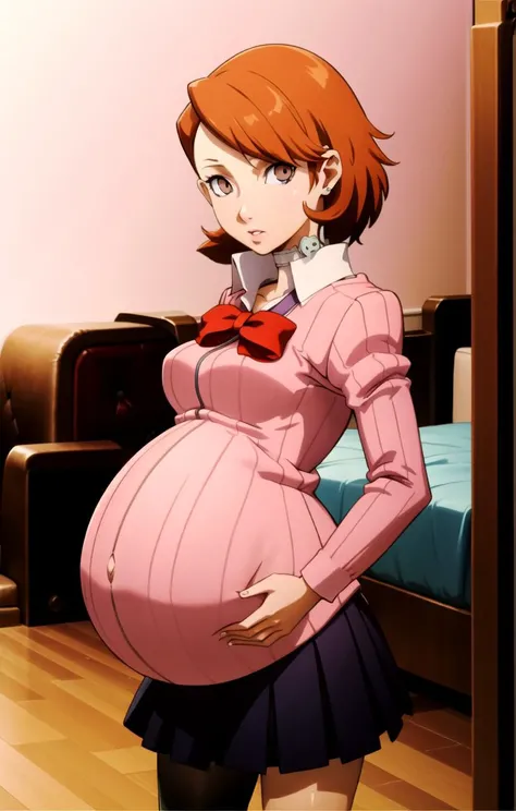 (masterpiece, top quality, best quality, official art,beautiful eyes, beautiful and aesthetic:1.2), (1girl), extreme detailed,colorful,highest detailed,<lora:takeba yukari:1> school uniform,, brown hair, short hair, standing , <lora:pregnant1:1> inner pregnant
