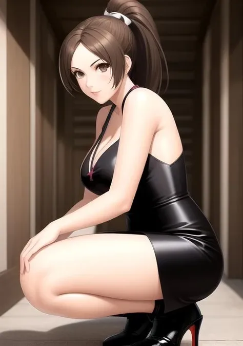 1girl, brown eyes, brown hair, ponytail, ((Mai_KOF)), dress, black dress, black heels, masterpiece, intrincate details, hig resolution, best quality, <lora:Mai_shiranui01:0.7>