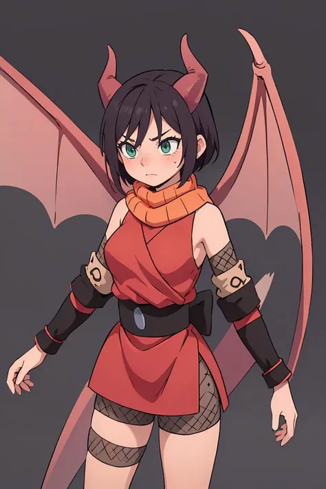 (masterpiece, best quality), 1girl, <lora:souka-nvwls-v1:1> souka, orange scarf, red dress, sash, vambraces, fishnet shorts, dragon horns, dragon wings