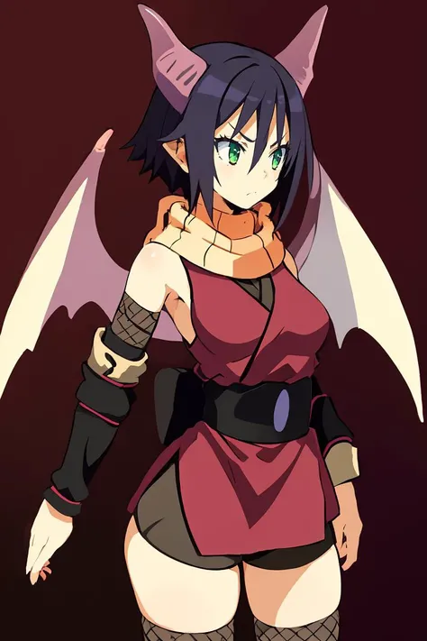 (masterpiece, best quality), 1girl, <lora:souka-nvwls-v1:1> souka, orange scarf, red dress, sash, vambraces, fishnet shorts, dragon horns, dragon wings