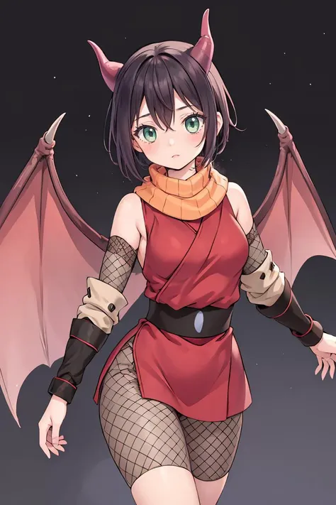 (masterpiece, best quality), 1girl, <lora:souka-nvwls-v1:1> souka, orange scarf, red dress, sash, vambraces, fishnet shorts, dragon horns, dragon wings