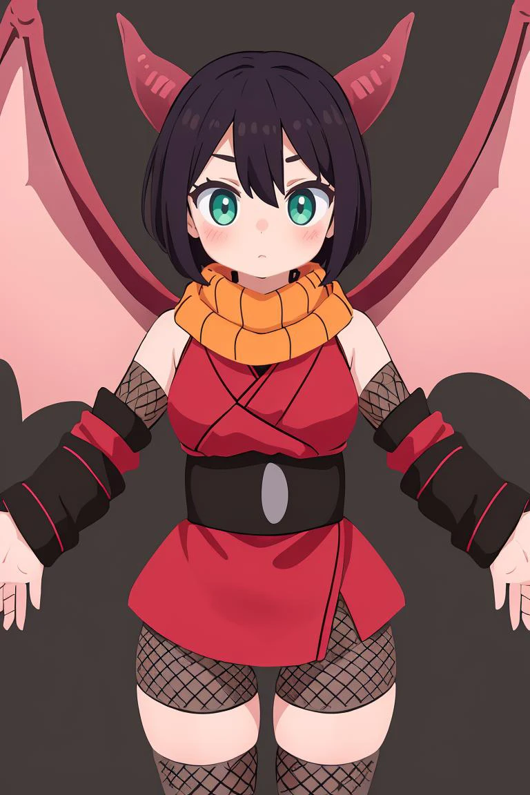 (masterpiece, best quality), 1girl, <lora:souka-nvwls-v1:1> souka, orange scarf, red dress, sash, vambraces, fishnet shorts, dragon horns, dragon wings
