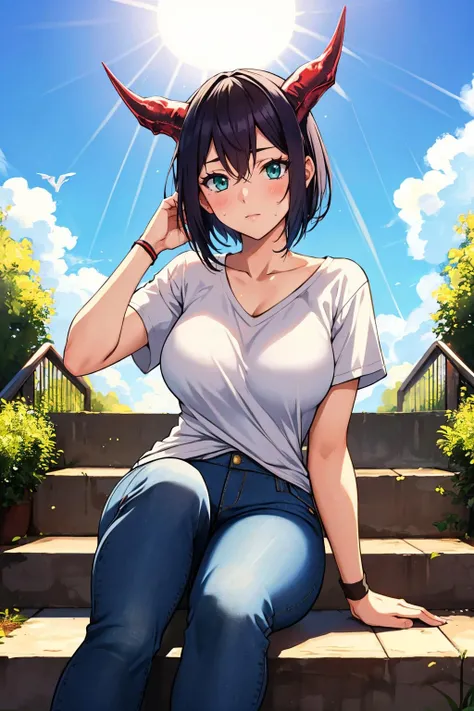 masterpiece, best quality, <lora:souka-nvwls-v1-000009:0.9> souka, dragon horns, white t-shirt, large breasts, summer, sun, stairs, sitting, jeans, looking at viewer, sweatband, sky, clouds