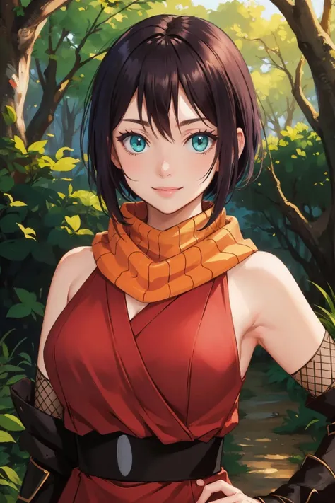masterpiece, best quality, <lora:souka-nvwls-v1-000009:0.9> souka, orange scarf, red dress, sash, vambraces, forest, upper body, looking at viewer, large breasts, smile