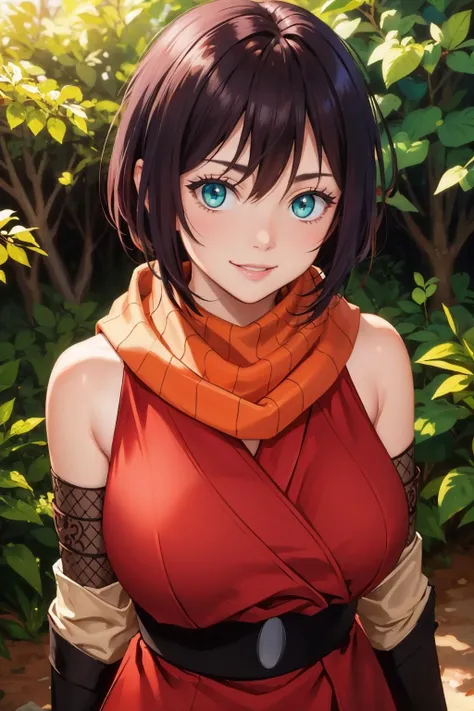 ((NSFW、big breasts、large areola、beautiful nipples、topless,shiny skin:1.5、nipples are visible)),masterpiece, best quality, souka, orange scarf, red dress, sash, vambraces, forest, upper body, looking at viewer, large breasts, smile