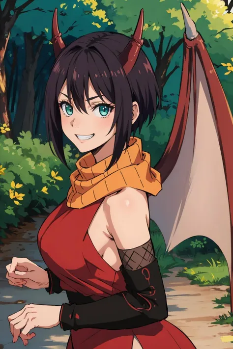 masterpiece, best quality, <lora:souka-nvwls-v1-000009:0.9>  souka, orange scarf, red dress, sash, vambraces, fishnet shorts, looking at viewer, large breasts, serious, dragon horns, dragon wings, standing, boots, hands to hips, smile, autumn, forest