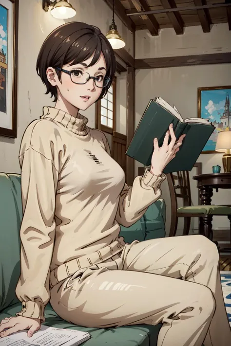 1girl,sitting on couch,medium breasts,in log cabin (in living room:1.2),full body,light brown hair,glasses,happy,wearing sweater and sweatpants,holding book,barefoot,(mature woman:1.2),animeshort,very short hair, <lora:AnimeShort:0.85>